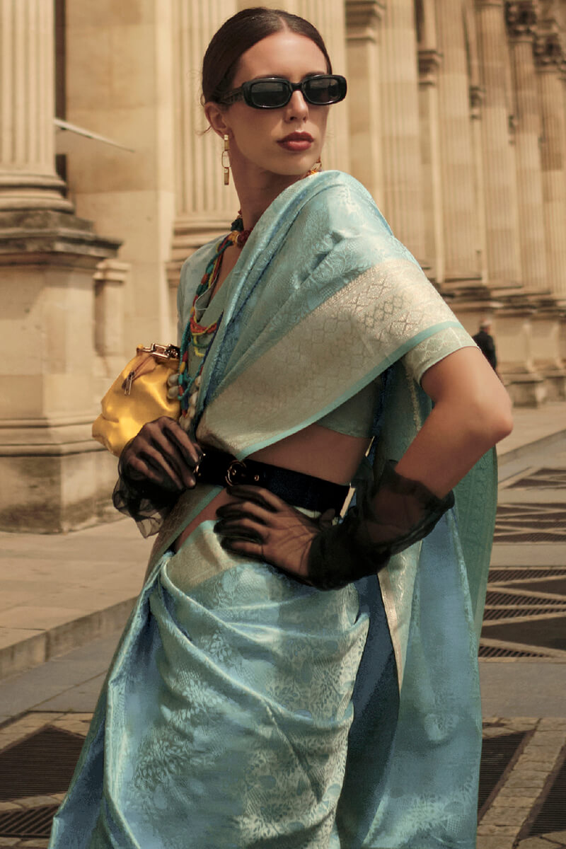 Sky Blue Elegant Satin Silk Blend Saree with Matching Blended Silk Blouse Piece ClothsVilla