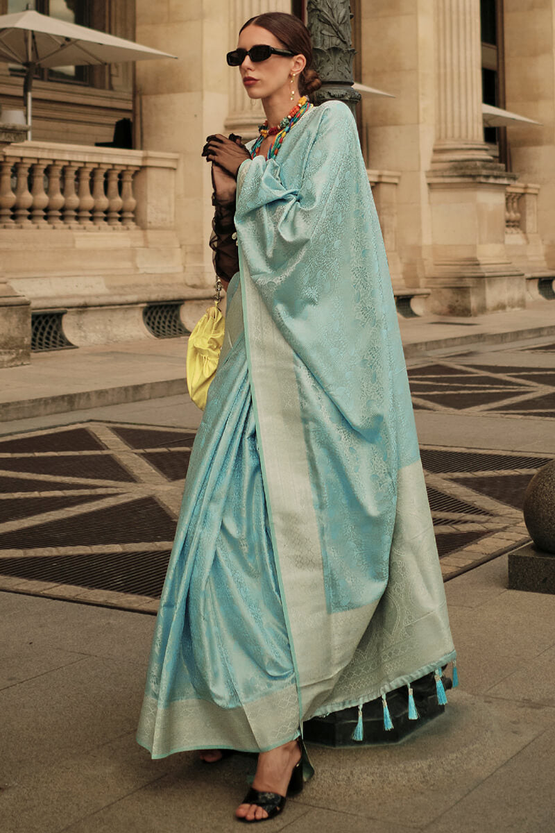 Sky Blue Elegant Satin Silk Blend Saree with Matching Blended Silk Blouse Piece ClothsVilla Main image