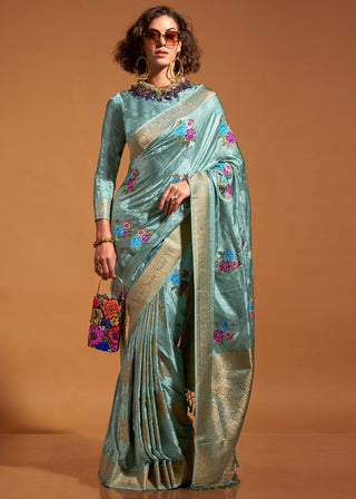 Sky Blue Elegant Satin Traditional Saree with Zari & Thread Work ClothsVilla