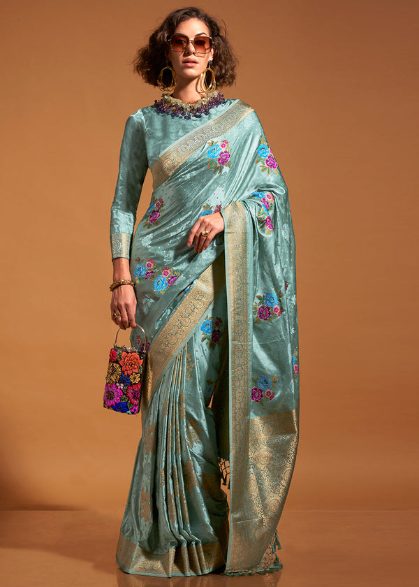 Sky Blue Elegant Satin Traditional Saree with Zari & Thread Work ClothsVilla