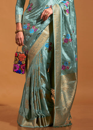 Sky Blue Elegant Satin Traditional Saree with Zari & Thread Work ClothsVilla