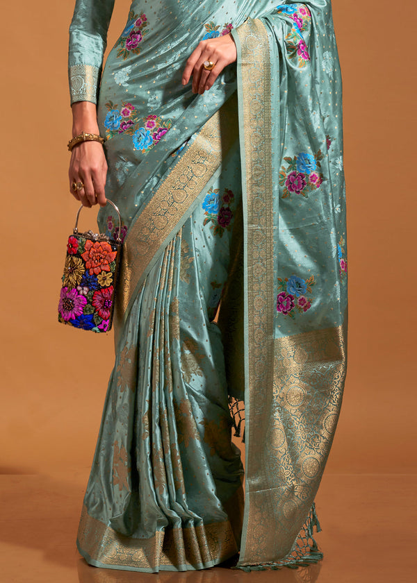 Sky Blue Elegant Satin Traditional Saree with Zari & Thread Work ClothsVilla