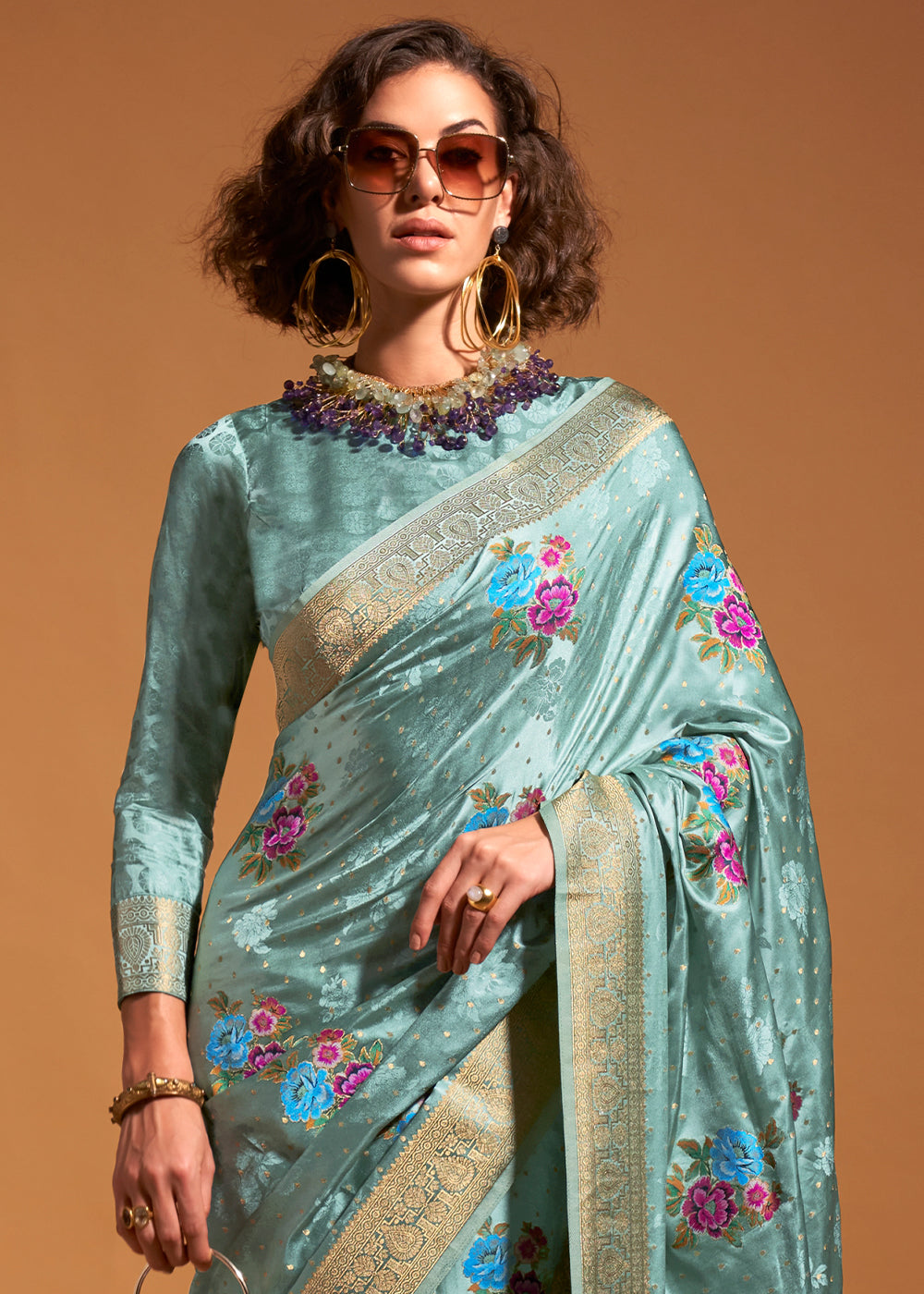 Sky Blue Elegant Satin Traditional Saree with Zari & Thread Work ClothsVilla