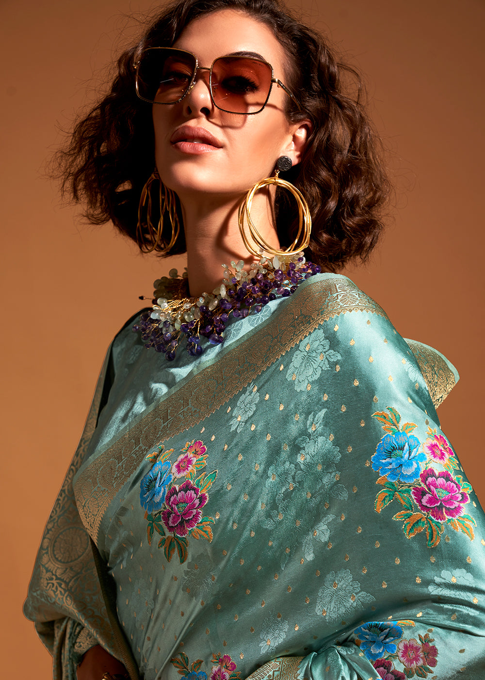 Sky Blue Elegant Satin Traditional Saree with Zari & Thread Work ClothsVilla