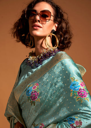 Sky Blue Elegant Satin Traditional Saree with Zari & Thread Work ClothsVilla