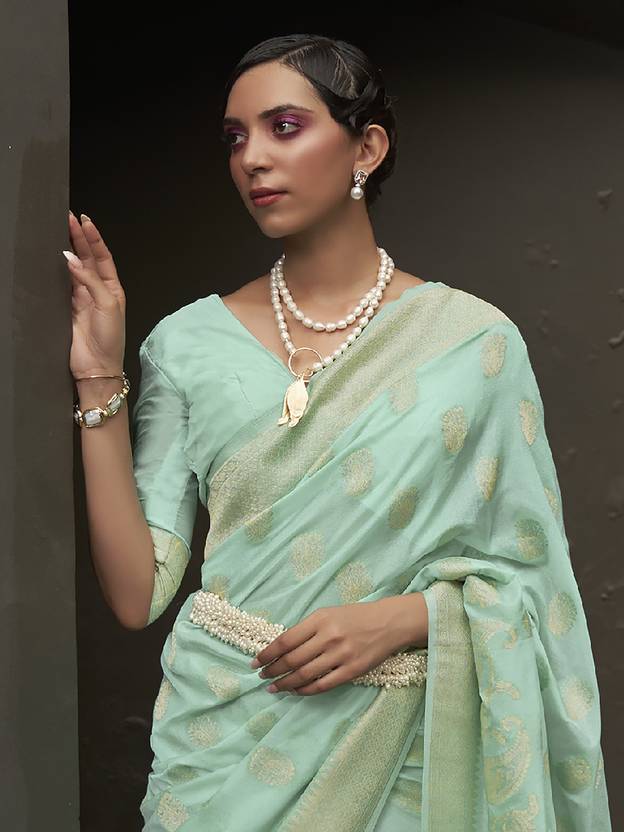 Sky Blue Elegant Silk Blend Banarasi Saree with Unstitched Blouse Piece ClothsVilla