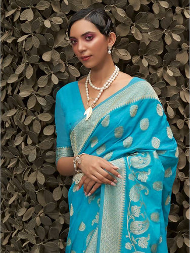 Sky Blue Elegant Silk Blend Banarasi Saree with Unstitched Blouse Piece ClothsVilla