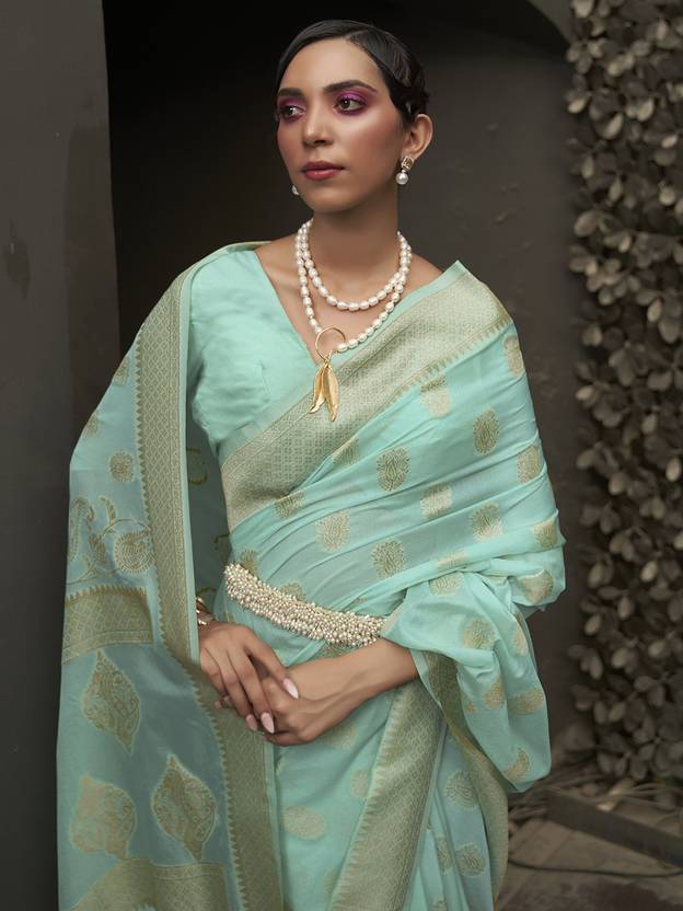 Sky Blue Elegant Silk Blend Banarasi Saree with Unstitched Blouse Piece ClothsVilla