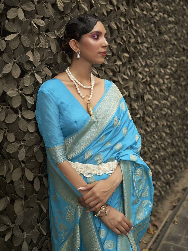 Sky Blue Elegant Silk Blend Banarasi Saree with Unstitched Blouse Piece ClothsVilla
