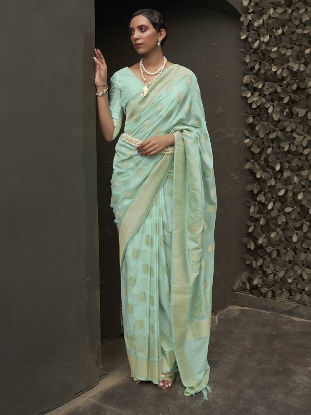 Sky Blue Elegant Silk Blend Banarasi Saree with Unstitched Blouse Piece ClothsVilla