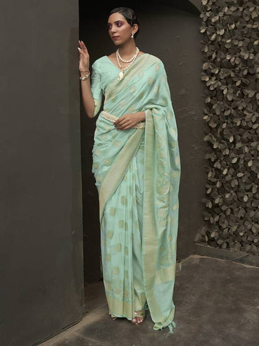 Sky Blue Elegant Silk Blend Banarasi Saree with Unstitched Blouse Piece ClothsVilla