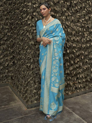 Sky Blue Elegant Silk Blend Banarasi Saree with Unstitched Blouse Piece ClothsVilla