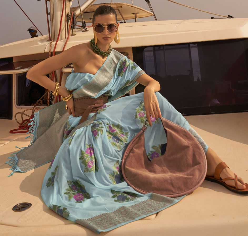 Sky Blue Elegant Silk Blend Mysore Saree with Tassel Detailing ClothsVilla