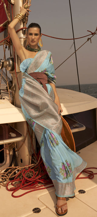 Sky Blue Elegant Silk Blend Mysore Saree with Tassel Detailing ClothsVilla