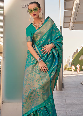 Sky Blue Elegant Soft Banarasi Blended Silk Saree ClothsVilla