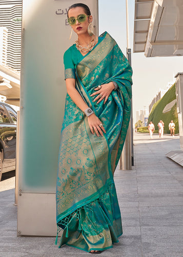 Sky Blue Elegant Soft Banarasi Blended Silk Saree ClothsVilla
