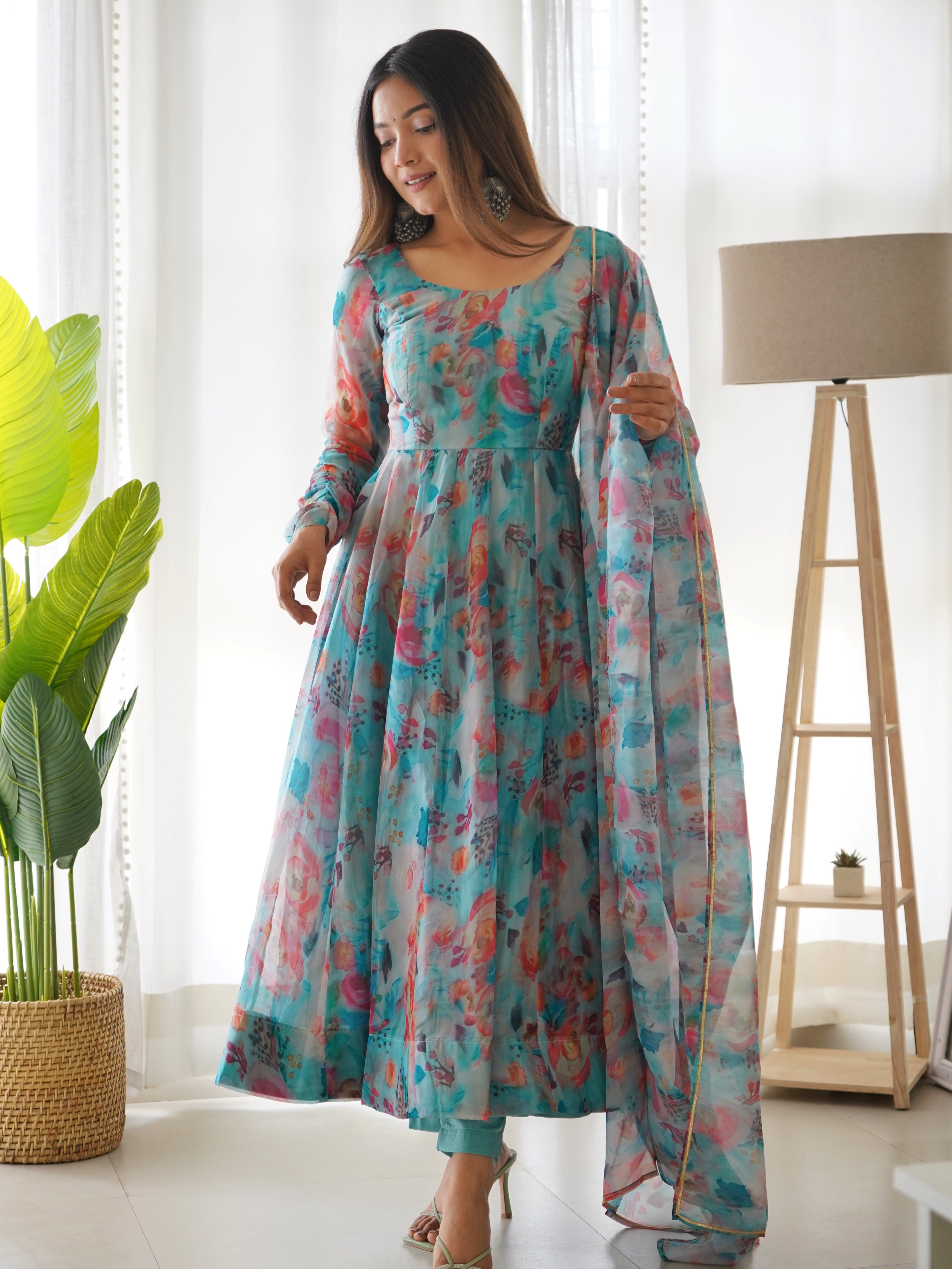 Sky Blue Elegant Summer Wedding Anarkali Set with Dupatta – Organza Silk & Lucknowi Belt Secondary image