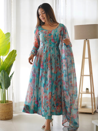 Sky Blue Elegant Summer Wedding Anarkali Set with Dupatta – Organza Silk & Lucknowi Belt