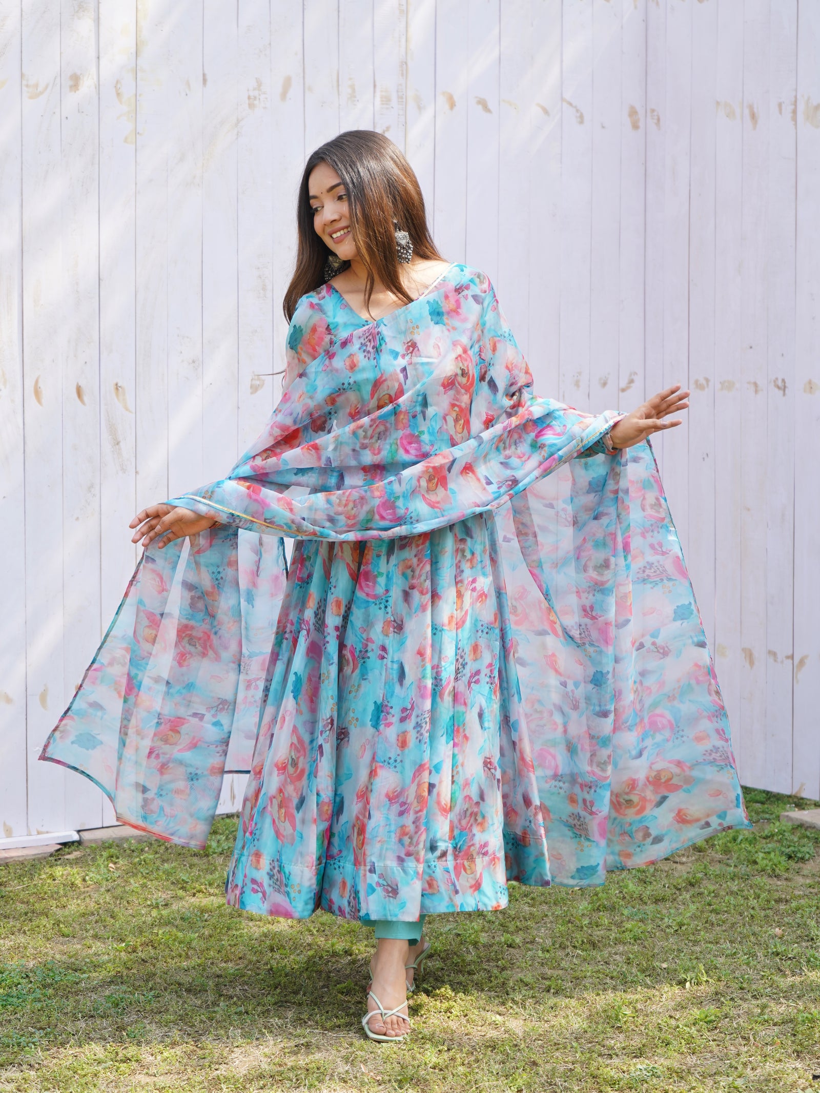 Sky Blue Elegant Summer Wedding Anarkali Set with Dupatta – Organza Silk & Lucknowi Belt