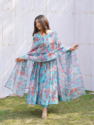 Sky Blue Elegant Summer Wedding Anarkali Set with Dupatta – Organza Silk & Lucknowi Belt