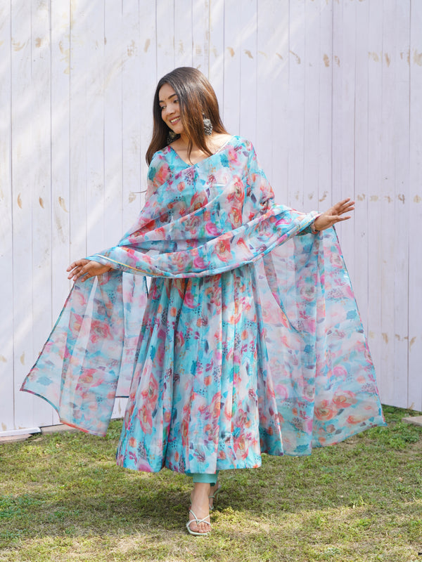 Sky Blue Elegant Summer Wedding Anarkali Set with Dupatta – Organza Silk & Lucknowi Belt