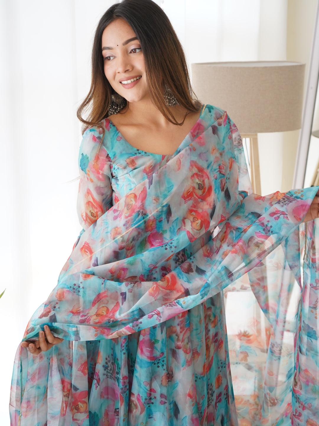Sky Blue Elegant Summer Wedding Anarkali Set with Dupatta – Organza Silk & Lucknowi Belt