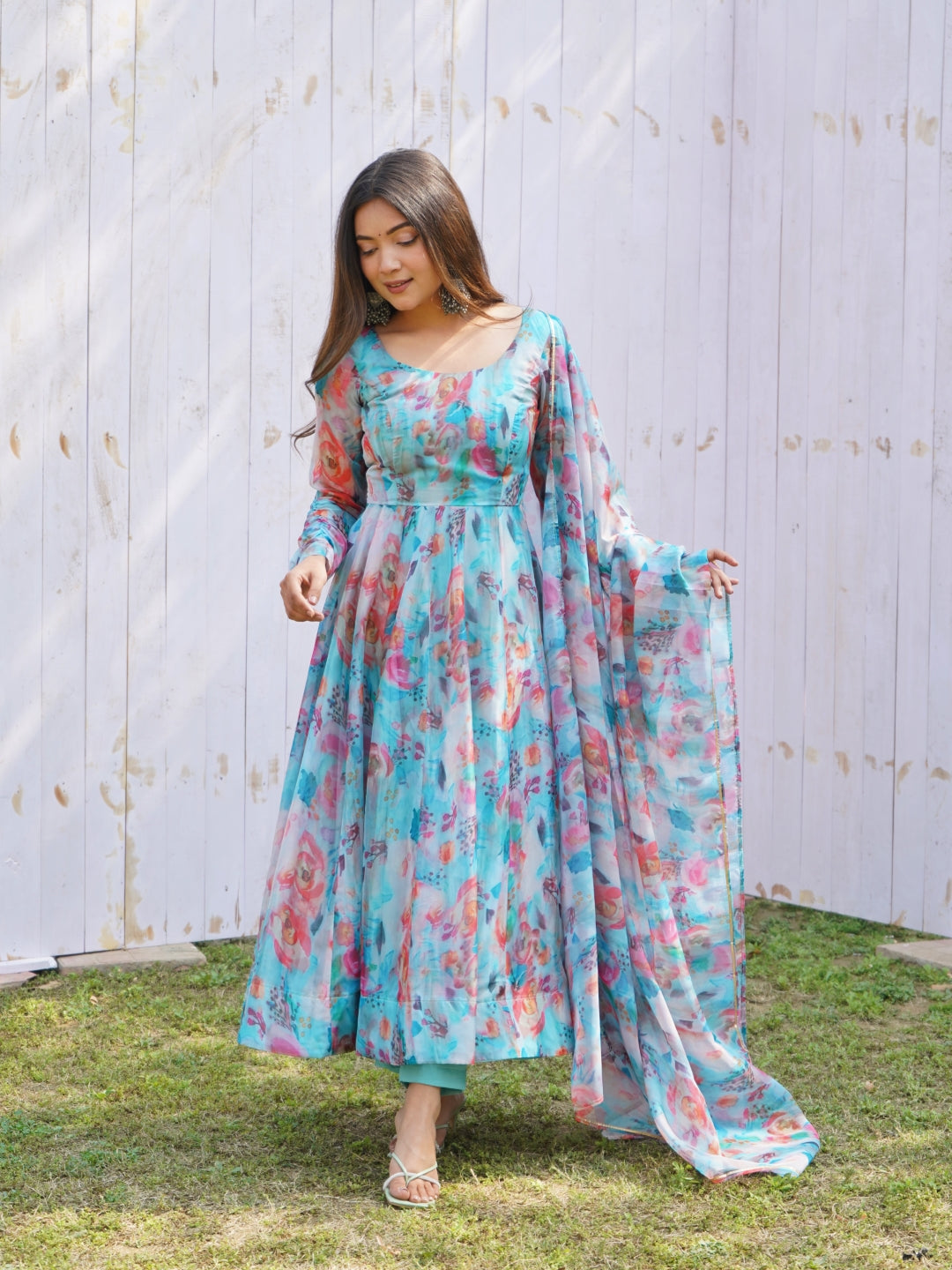 Sky Blue Elegant Summer Wedding Anarkali Set with Dupatta – Organza Silk & Lucknowi Belt