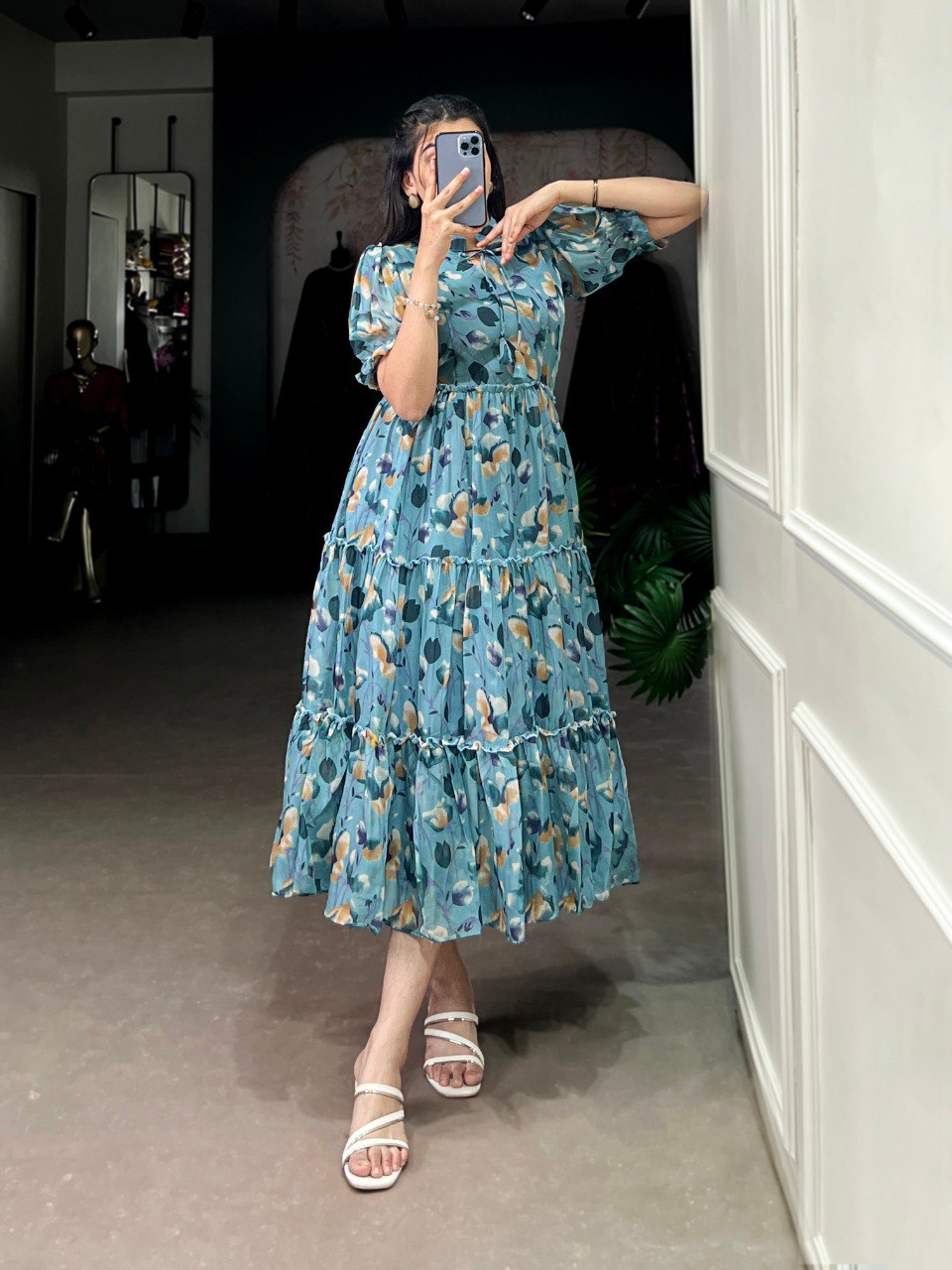 Sky Blue Elegant Tabby Silk Printed Frock – A Timeless Statement of Sophistication