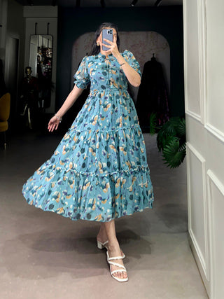 Sky Blue Elegant Tabby Silk Printed Frock – A Timeless Statement of Sophistication