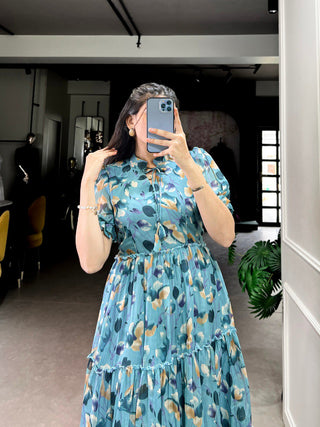 Sky Blue Elegant Tabby Silk Printed Frock – A Timeless Statement of Sophistication