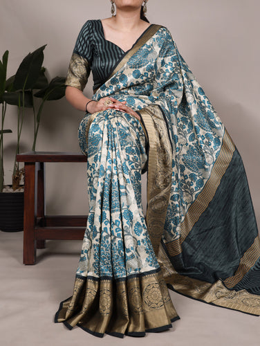 Sky Blue Elegant Tasar Silk Printed Saree with Viscose Border & Unstitched Blouse – 5.5 Meter Traditional Silk Saree ClothsVilla