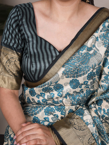 Sky Blue Elegant Tasar Silk Printed Saree with Viscose Border & Unstitched Blouse – 5.5 Meter Traditional Silk Saree ClothsVilla