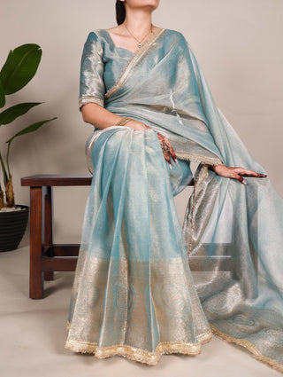 Sky Blue Elegant Tissue Shimmer Saree with Zari Weaving and Sequins Lace Border