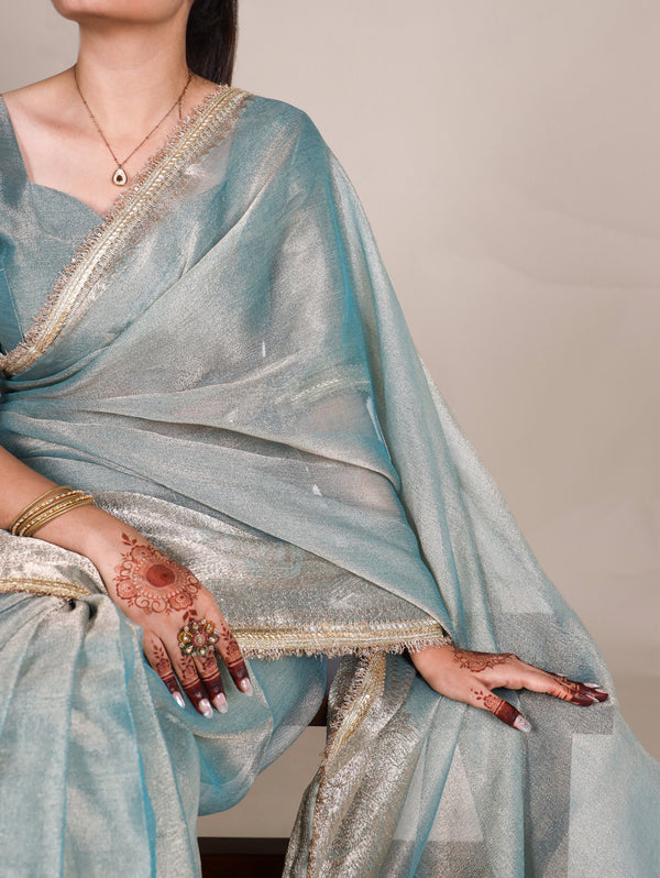 Sky Blue Elegant Tissue Shimmer Saree with Zari Weaving and Sequins Lace Border
