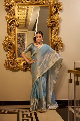 Sky Blue Elegant Tissue Shimmer Saree with Zari Weaving and Sequins Lace Border ClothsVilla