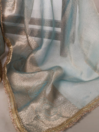 Sky Blue Elegant Tissue Shimmer Saree with Zari Weaving and Sequins Lace Border