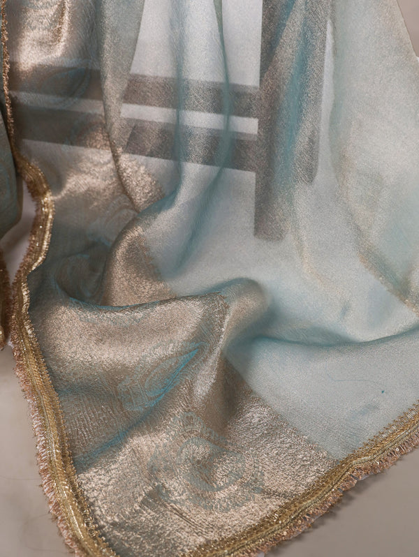 Sky Blue Elegant Tissue Shimmer Saree with Zari Weaving and Sequins Lace Border
