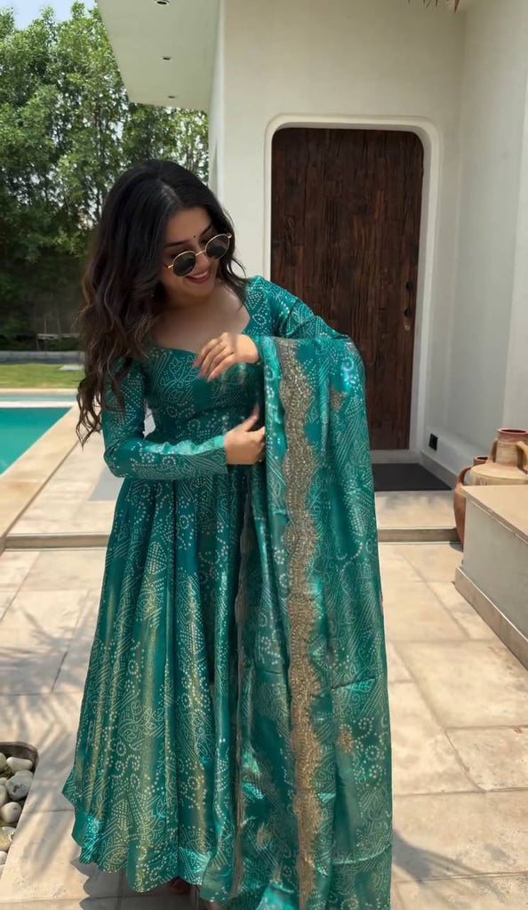 Sky Blue Elegant Two-Tone Banarasi Silk Anarkali Gown with D Sky Blue Elegant Two-Tone Banarasi Silk Anarkali Gown with D