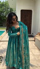 Load image into Gallery viewer, Sky Blue Elegant Two-Tone Banarasi Silk Anarkali Gown with Dupatta Perfect for Festivals &amp; Party Wear ClothsVilla