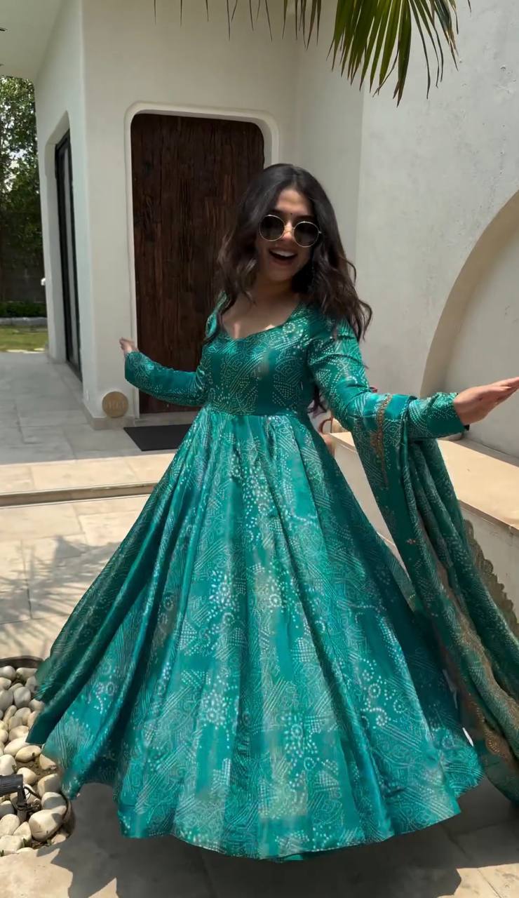 Sky Blue Elegant Two-Tone Banarasi Silk Anarkali Gown