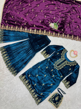 Sky Blue Elegant Viscose Velvet Embroidered Sharara Set ClothsVilla