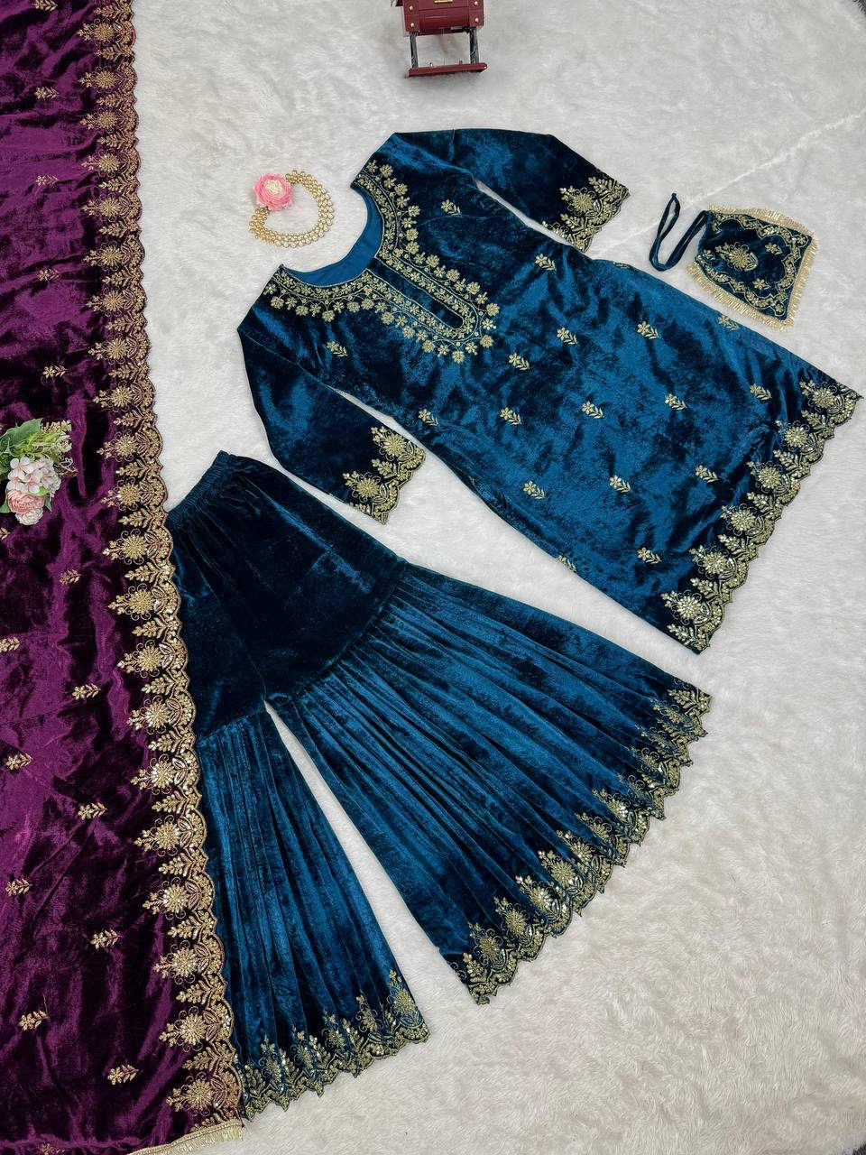 Sky Blue Elegant Viscose Velvet Embroidered Sharara Set ClothsVilla