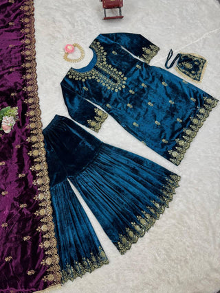 Sky Blue Elegant Viscose Velvet Embroidered Sharara Set ClothsVilla