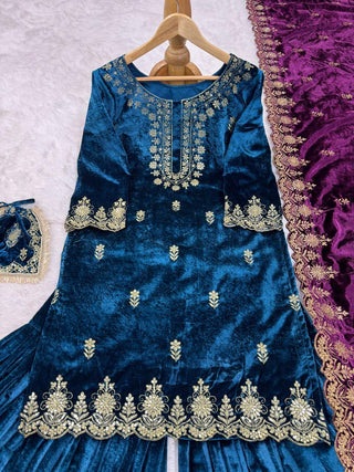 Sky Blue Elegant Viscose Velvet Embroidered Sharara Set ClothsVilla