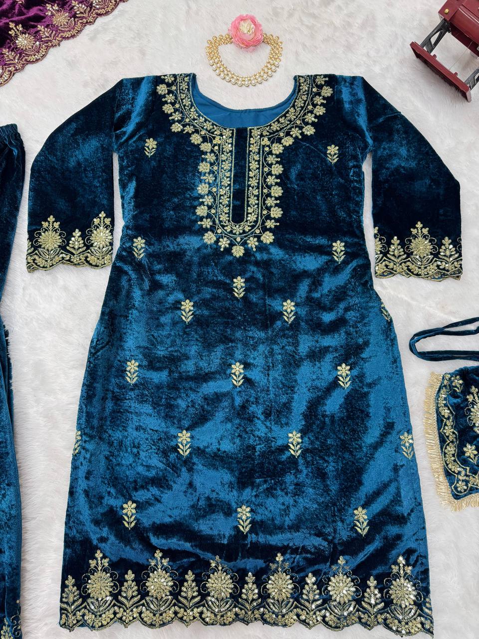 Sky Blue Elegant Viscose Velvet Embroidered Sharara Set ClothsVilla
