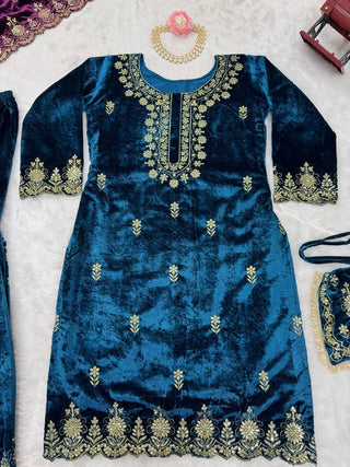 Sky Blue Elegant Viscose Velvet Embroidered Sharara Set ClothsVilla