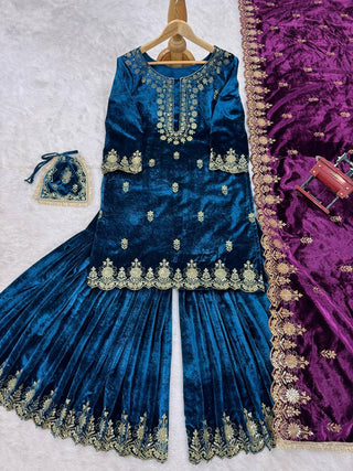 Sky Blue Elegant Viscose Velvet Embroidered Sharara Set ClothsVilla