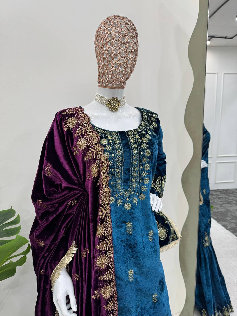 Sky Blue Elegant Viscose Velvet Embroidered Sharara Set ClothsVilla