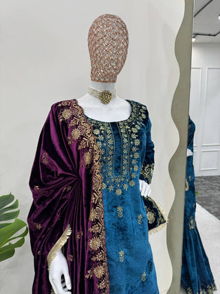 Sky Blue Elegant Viscose Velvet Embroidered Sharara Set ClothsVilla