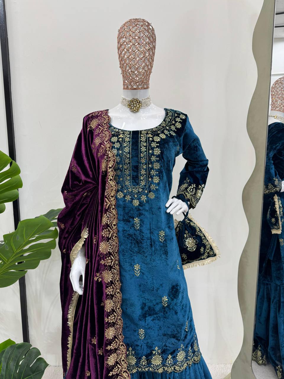 Sky Blue Elegant Viscose Velvet Embroidered Sharara Set ClothsVilla